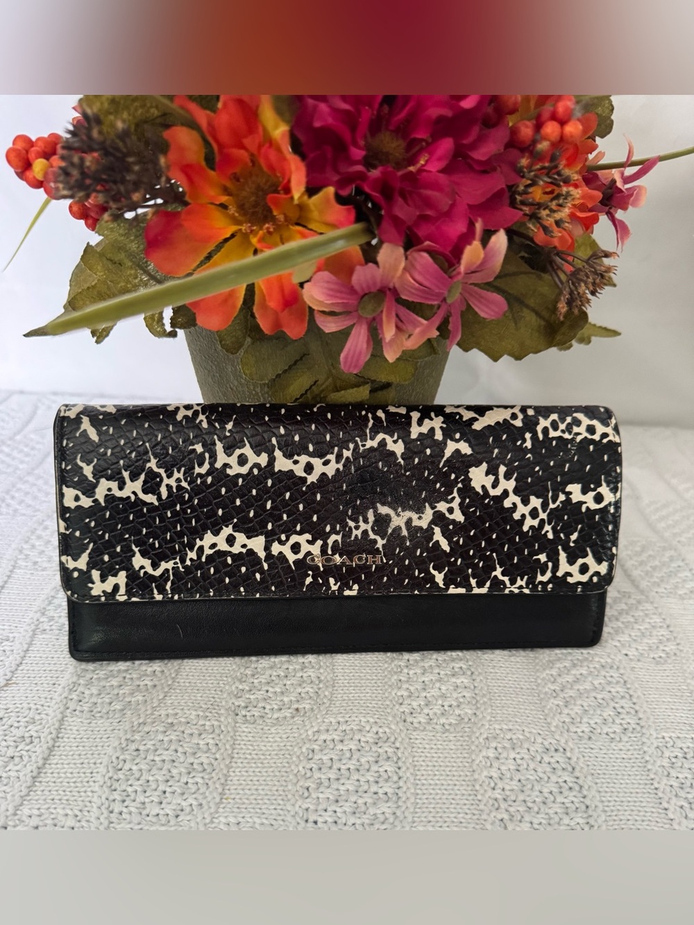 Coach leather snakeskin embossed long snap wallet